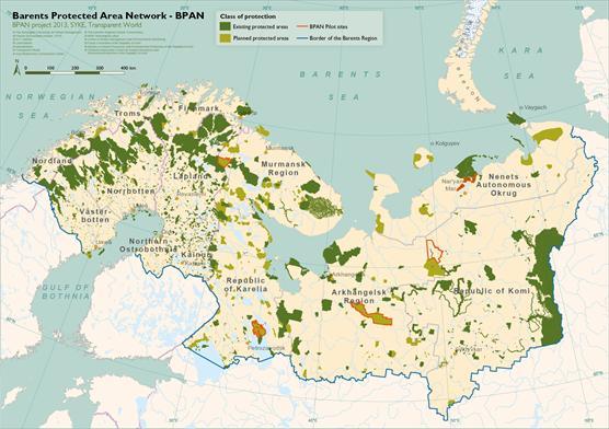 Barents protected area network includes established and planned protected areas.